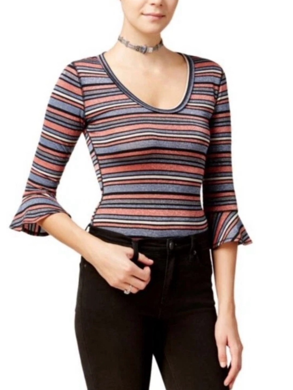 Free People Surprise Party Metallic Striped 3/4 Bell Sleeve